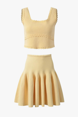 Elegant Knit Two-Piece Set – Sleeveless Crop Top & Flared Mini Skirt