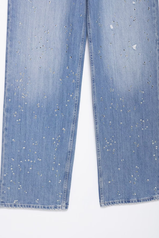 Wide-Leg Rhinestone Denim Pants