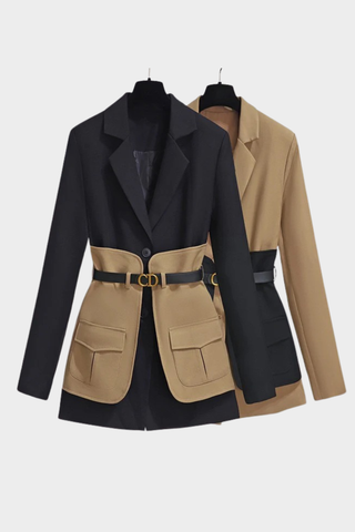 Structured Contrast Panel Blazer with Belt & Utility Pockets