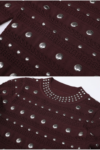 Studded Knit Long Dress – Elegant Long Sleeve Flared Cuff Evening Dress