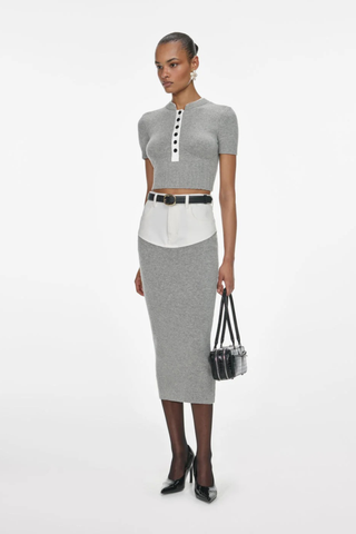 Chic Knit Contrast Panel Top & Midi Skirt Set