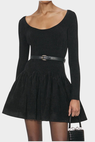 Knitted Long Sleeve Flared Dress with Belt – Soft Winter Knit Mini Dress