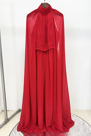 Red Pleated Cape Long Dress with High Neck and Chiffon Overlay