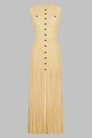 Elegant Sleeveless Textured Knit Long Dress with Button Front and Fitted Waistline