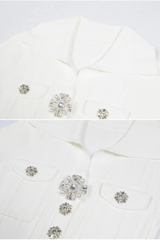 Short Sleeve Knit Long Dress with Rhinestone Buttons and Collar