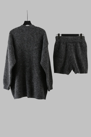 Wool Knit Lounge Set with Sequin Shine – Cardigan and Shorts