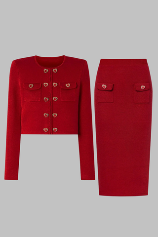 Heart-Button Knitted Cardigan and High-Waist Pencil Skirt Two-Piece Set