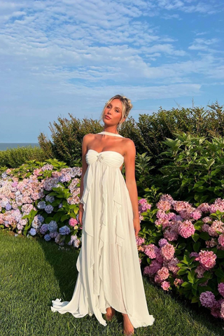 Strapless Ruffle Chiffon Long Dress with Rhinestone Starfish Brooch Backless, Layered Flowing Skirt