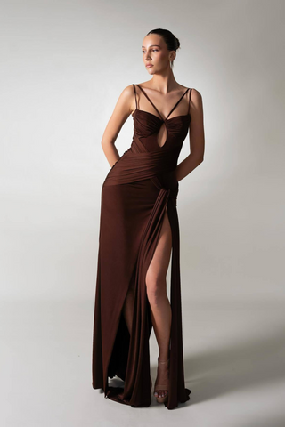 Mocha Draped Sleeveless Backless Long  with Double Straps & Thigh-High Slit