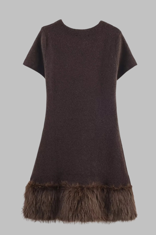 Brown Wool Short Sleeve Mini Dress with Faux Fur Trim