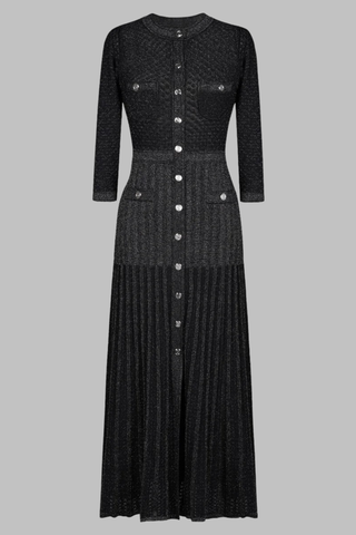 Shimmer Knit Mid-Long Dress with Three-Quarter Sleeves and Front Buttons