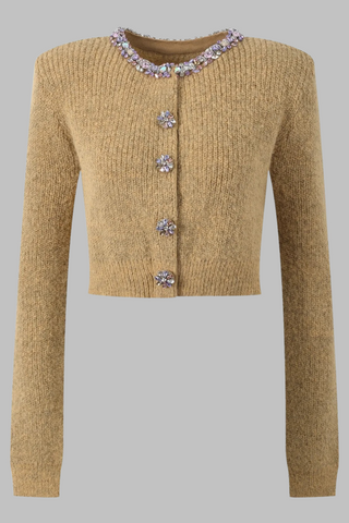 Short Knit Cardigan with Jewel-Embellished Round Neck and Buttons