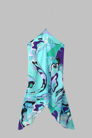 Printed Chain Halter Neck Asymmetrical Long Dress