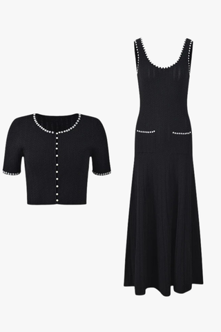 Pearl Trim Ribbed Knit Midi Dress with Sleeveless Cut and Flared Hem Design