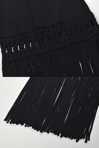 Boho Chic Black Knit Midi Dress with Crochet Detailing & Long Fringe