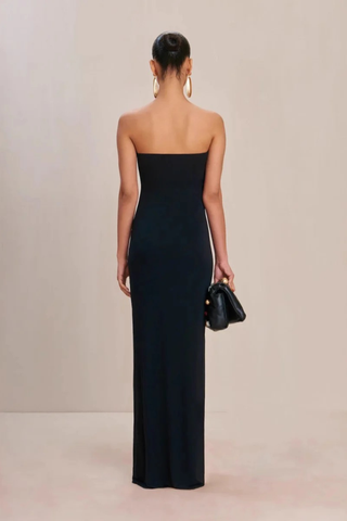 Strapless Bandage Long Dress with Sculpted Gold-Trim Neckline