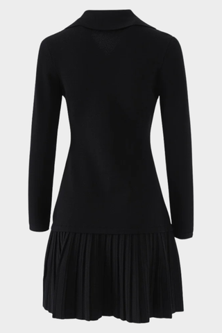 Button-Front Long Sleeve Knit Dress with Pleated Skirt