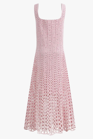 Crochet Knit Midi Dress with Crystal Embellishments & Sleeveless Square Neck Design