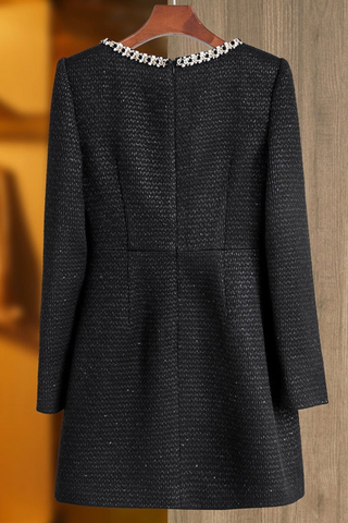 Long Sleeve Tweed Mini Dress with Pearl-Trimmed Square Neck and Pocket Details