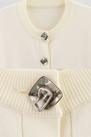 Ivory Knitted Cardigan and Mini Skirt Set with Statement Silver Buttons