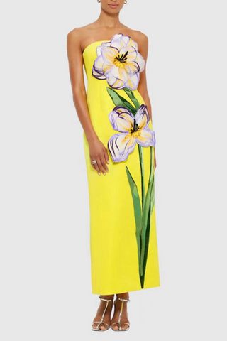 Strapless Floral Embroidered  Multicolor 3D Appliqué Slim Fit Long Dress