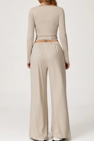 3-Piece Sport Wrap Lounge Set with Long Sleeve Crop Top, Halter Tank, and Wide-Leg Pants