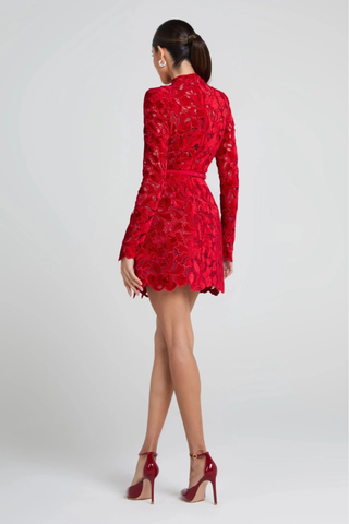 Red Lace Mini Dress – Long Sleeve Floral Embroidery, Scalloped Hem, Belted Waist