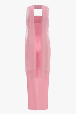 Strapless Ruched Slim Fit Long Dress with Mesh Scarf and Back Slit