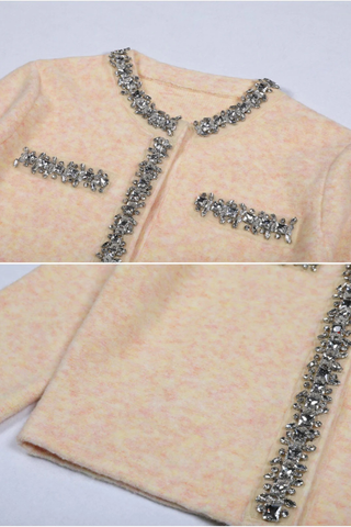 Crystal-Embellished Soft Wool Set – Cropped Jacket and Ruffled Mini Skirt