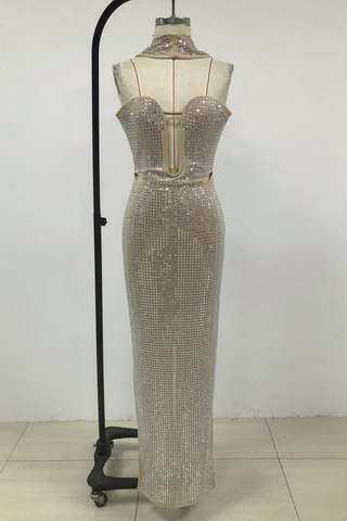 Radiant Crystal Mesh Gown with Sculpted Bust and Choker Detail