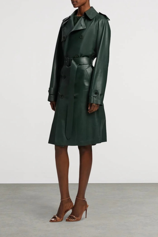 Long Sleeve Double-Breasted Faux Leather Trench Coat with Belt