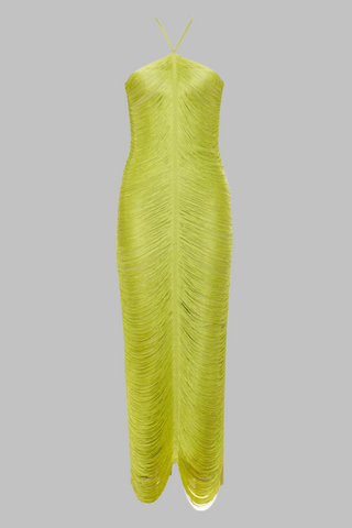Luxury Halter Neck Backless Tassel Fringe Long Bandage Dress with High Slit