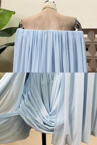 Romantic Draped Off-Shoulder Mini Dress with Sheer Sleeves & Sculpted Fit