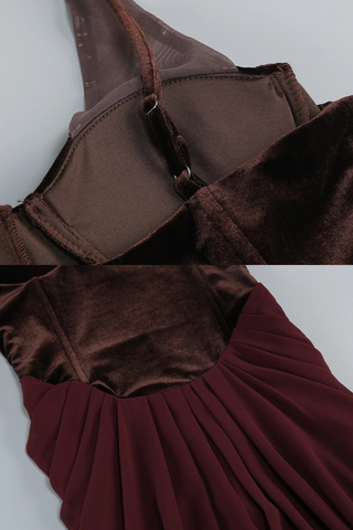 Sleeveless Velvet Corset Long Dress with Mesh Straps & Draped Chiffon Skirt