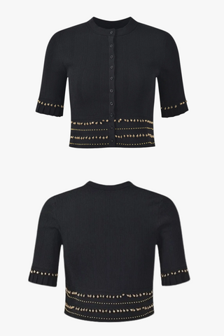 Gold Beaded Short Sleeve Cardigan & Pleated Long Skirt Set