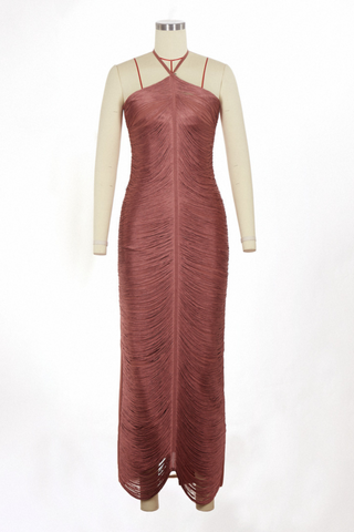 Luxury Halter Neck Backless Tassel Fringe Long Dress with High Slit