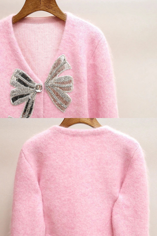 Pink Fuzzy Bow Embellished Knit Cardigan