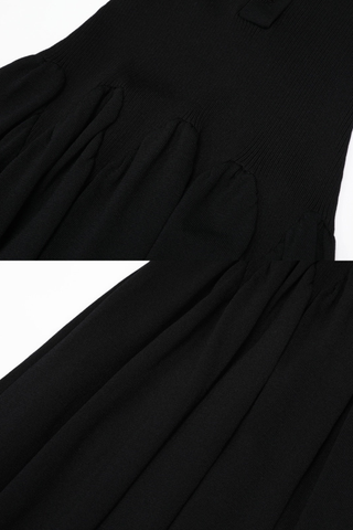 Ribbed Knit Sleeveless Collared V-Neck Long Dress with Gold Buttons & Flared Skirt