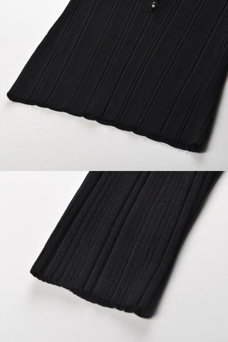 Ribbed Long Sleeve Top with Lace V-Neck – Stretch Knit