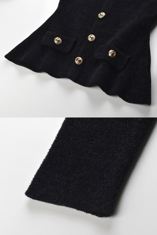 Ruffle Off-Shoulder Long-Sleeve Peplum Knit Top with Gold Button Detail