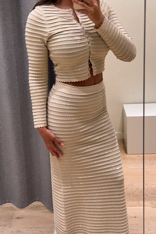 Three-Piece Knitted Set with Rhinestone Trim – Cardigan, Cami Top & Midi Long Skirt