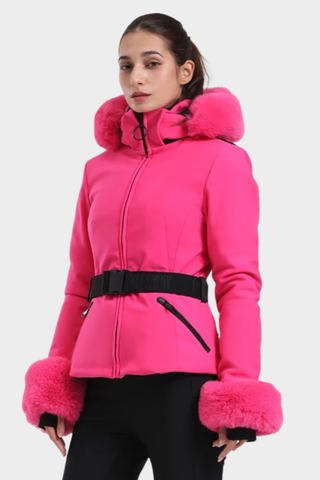 Tailored Ski Jacket with Belted Waist, Fur Details, and Long-Sleeve Design