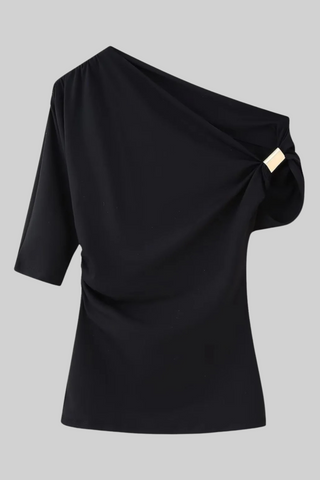 Asymmetric Draped Half Sleeve Top with Metal Accent