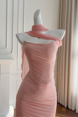 Dusty Rose Draped Mesh Strapless Set with Convertible Scarf & Fishtail Maxi Skirt