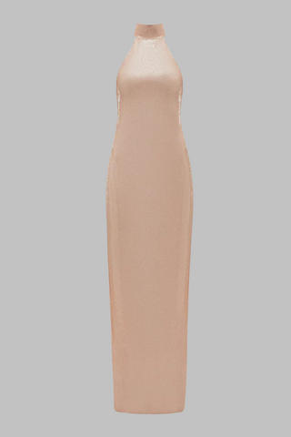 High-Shine Sequin Halter Neck Evening Long Dress with Back Slit and Pearl Button Detail