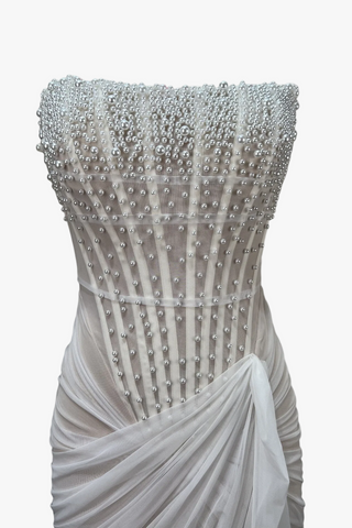 Pearl Embellished Corset Mini Dress with Draped Tulle Detail