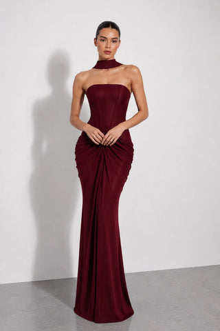 Strapless Corset Draped Long Dress with Ruched Hip Detail