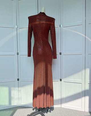 Sparkling Draped High-Neck Structured Shoulder Long Dress