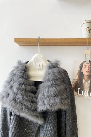 Statement Faux Fur Collar Ribbed Knit Long-Sleeve Cardigan