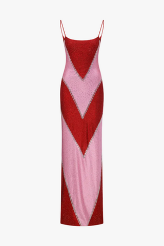 Rhinestone Embellished Colorblock Long Dress with Thin Straps